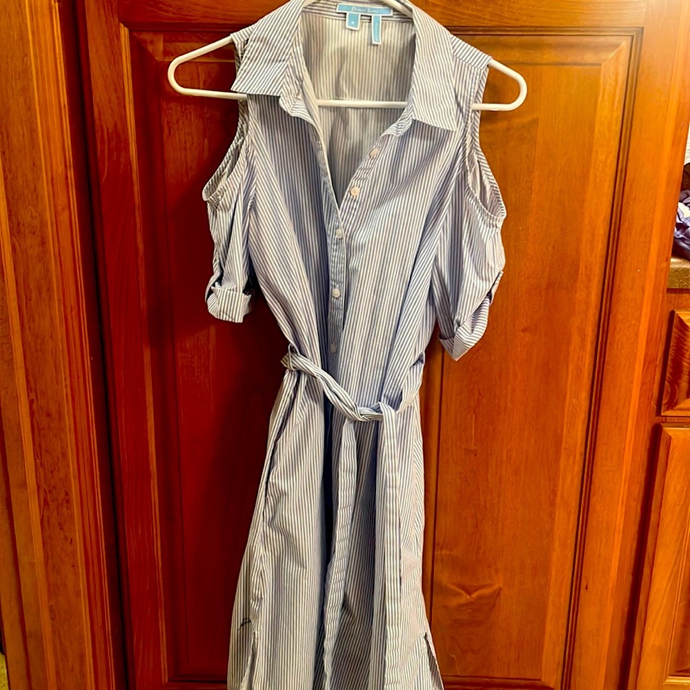 Draper James blue and white striped dress cutout shoulders